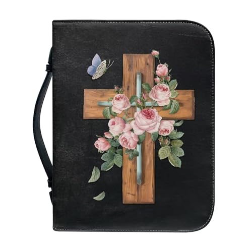 Hinthetall Bibelhülle mit floralem Kreuz, Größe L, PU-Leder, Bibeltasche für Frauen und Mädchen, große Kapazität, Bibelhalter mit tragbarem Griff von Hinthetall