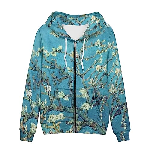 Hinthetall Damen Zip Up Langarm Oversized Kordelzug Hoodie Kapuzenpullover Sweatshirt Pullover Top mit Taschen, Mandelblüte Baum Ölgemälde, XXL von Hinthetall