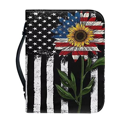 Hinthetall Tragetasche mit amerikanischer Flagge, Sonnenblume, Bibel, mit Reißverschluss und Griff, Tragetasche, Schutzhülle mit Griff, MLulti-Taschen und Stiftefächern für Männer, Frauen, Kinder, L von Hinthetall