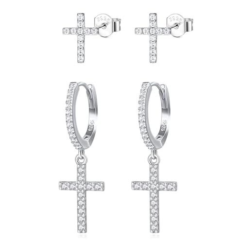 Hinvan 2 Paar 925 Silber Ohrringe Kreuz für Damen Mädchen Herren Ohrringe Diamant Ohrstecker Kreuz Damen Männer Ohrringe Hängend Silber Creolen Klein Ohrstecker Zirkonia Ohrringe Stecker (Silber) von Hinvan
