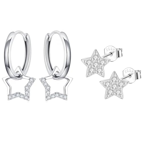Hinvan 2 Paar Stern Ohrringe Silber 925 Creolen mit Anhänger Kreolen Ohrhänger für Damen Mädchen Hypoallergene Creolen Silber Ohrringe Hängend mit Stern Anhänger Sterne Ohrstecker mit Zirkonia von Hinvan