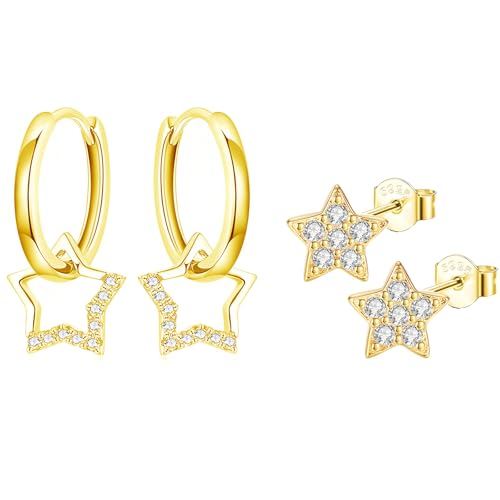 Hinvan 2 Paar Stern Ohrringe Silber 925 Creolen mit Anhänger Kreolen Ohrhänger für Damen Mädchen Hypoallergene Stern Creolen Gold Ohrringe Hängend Sterne Ohrstecker Gold Zirkonia von Hinvan