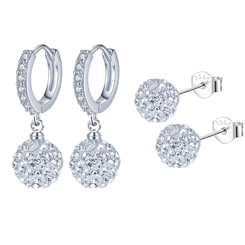 Hinvan 2 Paare 925 Sterling Silber Ohrringe Hängend Tropfen Ohrhänger Kristall Disco Kugel Ohrringe Silber Ohrstecker Klein Kugel Creolen für Damen Mädchen Frauen von Hinvan
