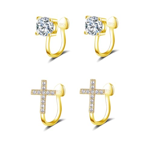Hinvan 2 Paare 18K Gold Clip Ohrringe für Damen Herren Mädchen Kinder Männer, Kreuz Ohrringe Herren Clip Ohne Ohrlöcher Ohrclips Gold mit Zirkonia Diamant von Hinvan