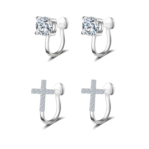 Hinvan 2 Paare 925 Silber Ohrringe Clips für Damen Herren Mädchen Kinder Männer, Zirkonia Kreuz Ohrringe Herren Clip Diamant Ohrclips Damen Ohne Ohrlöcher von Hinvan