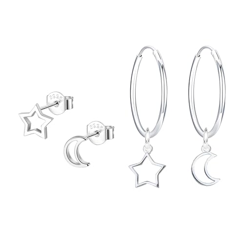 Hinvan 2 Pairs 925 Silber Ohrstecker Mond und Stern Ohrringe für Damen Mädchen Kinder Herren, Hängend Ohrringe Mond und Sterne Ohrstecker Silber Creolen Kleine von Hinvan
