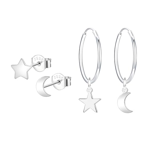 Hinvan 2 Pairs 925 Silber Ohrringe Stern und Mond für Damen Mädchen Herren, Ohrringe Hängend Silber, Ohrstecker Stern Silber 925, Creolen Kleine Ohrstecker Damen Silber von Hinvan
