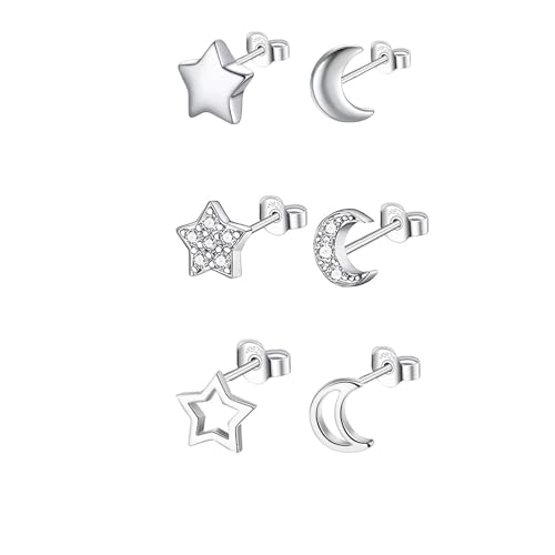 Hinvan 3 Paar 925 Sterling Silber Ohrringe Mond Stern Ohrringe Silber Ohrstecker Damen Sterne Ohrringe Silber Klein Set Zirkonia Ohrschmuck Schmuck Ohrringe für Damen Mädchen Frauen von Hinvan