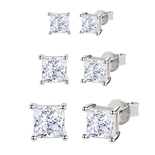 Hinvan 3 Paar 925 Sterling Silber Ohrringe Silber Ohrstecker Diamant Quadratische Ohrstecker Zirkonia Damen Set Piercing Klein Ohrringe für Damen Herren Männer Frauen Mädchen 4–7mm von Hinvan