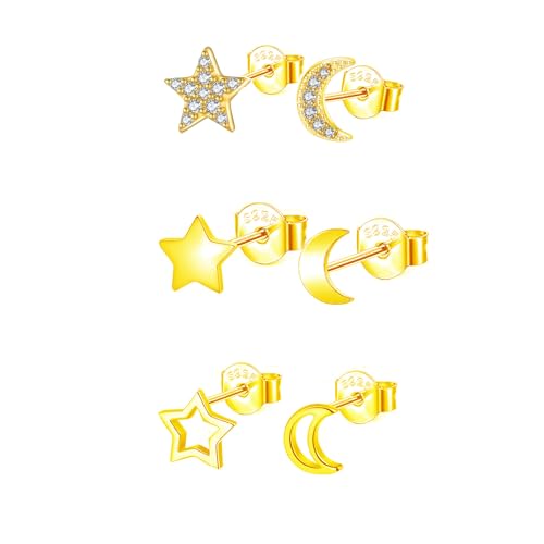 Hinvan 3 Paar Mond Stern Ohrringe Gold Ohrstecker Damen 925 Sterling Silber Ohrringe Sterne Ohrstecker Gold Klein Set Zirkonia Ohrschmuck Schmuck für Damen Mädchen Frauen von Hinvan