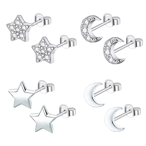 Hinvan 4 Paar 925 Sterling Silber Ohrringe Damen Silber Stern Ohrringe Mond Ohrstecker Zirkonia Klein Ohrstecker Silber Set Piercing für Damen Mädchen Frauen von Hinvan