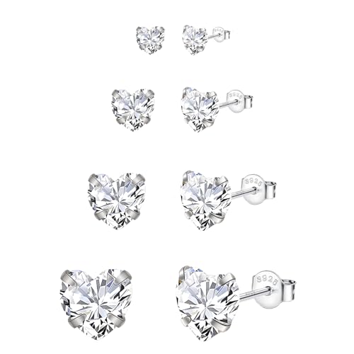 Hinvan 4 Paar 925 Sterling Silber Ohrringe Herz Ohrstecker Silber 925 Damen Set 3/4/5/6mm Hypoallergen Klein Herz Ohrringe Schläfer Knorpel Diamant für Damen Mädchen Frauen von Hinvan