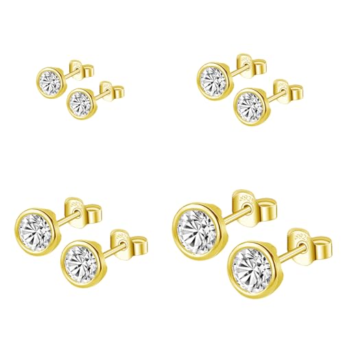 Hinvan 4 Paar 925 Sterling Silber Ohrringe Klein Ohrstecker Silber 925 Damen Gold Ohrstecker Herren Mädchen Gold Ohrringe Silber Set mit Zirkonia für Damen Männer Mädchen 2/3/4/5mm von Hinvan