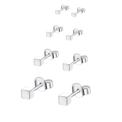 Hinvan 4 Paar 925 Sterling Silber Ohrringe Silber Ohrstecker Quadratische Ohrstecker Damen Silber Set Eckige Klein Ohrringe für Damen Herren Männer Frauen 3-6mm von Hinvan