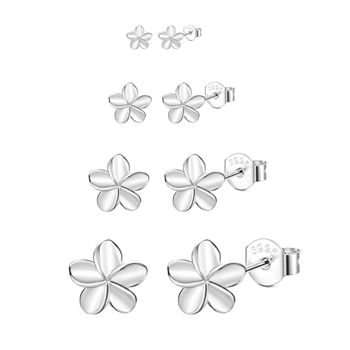 Hinvan 4 Paar Set 925 Sterling Silber Ohrringe Silber Ohrstecker Damen Klein Ohrringe Blume Hypoallergene Blumen Ohrstecker Silber für Damen Mädchen Frauen 4/5/6/7MM von Hinvan