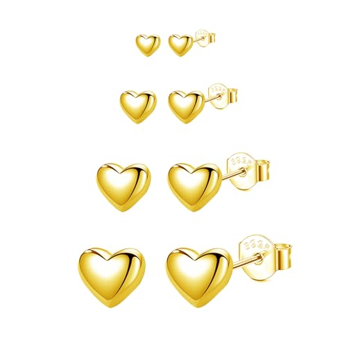 Hinvan 4 Paar Gold Ohrstecker Herz für Damen Mädchen, Ohrringe Mädchen Gold, Ohrringe Damen Herz, Ohrstecker Gold Klein 4/5/6/7MM von Hinvan
