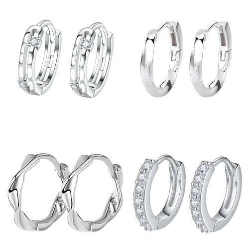 Hinvan 4 Paare 925 Sterling Silber Ohrringe Damen Creolen Silber 925 Ohrringe Klein Schlafen Knorpel Rund Huggies Kreolen mit Zirkonia Creolen für Damen Mädchen von Hinvan