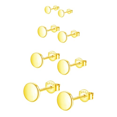 Hinvan 4 Paare 925 Sterling Silber Ohrringe Damen Ohrstecker Gold 925 Klein Runde Unisex Knorpel Tragus Set Rund Flach Ohrringe Gold Ohrstecker für Damen Mädchen Herren Männer von Hinvan
