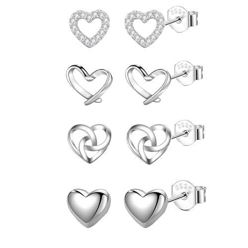 Hinvan 4 Paare 925 Sterling Silber Ohrringe Herz Ohrstecker 925 Silber Ohrringe Herz Ohrstecker Hypoallergen Klein Schlafen Damen Ohrschmuck für Damen Mädchen von Hinvan
