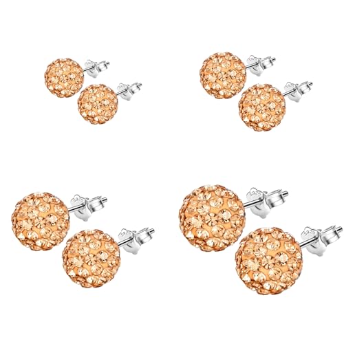Hinvan 4 Paare 925 Sterling Silber Ohrringe Silber Ohrstecker Damen Kristall Kugel Ohrstecker Silber Klein Set Zirkonia Kugel Champagner Gold Ohrringe für Damen Mädchen Frauen von Hinvan