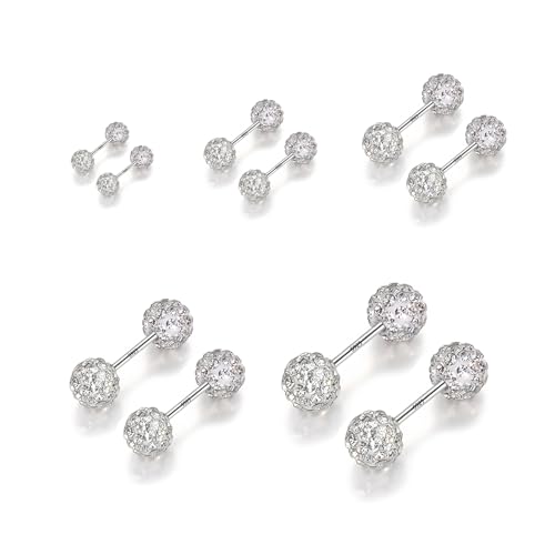 Hinvan 5 Paare 925 Sterling Silber Ohrringe Damen 925 Silber Ohrstecker Front Back Doppel Kristall Disco Shamballa Kugel Ohrringe Silber Ohrschmuck Rund für Damen Mädchen Frauen von Hinvan