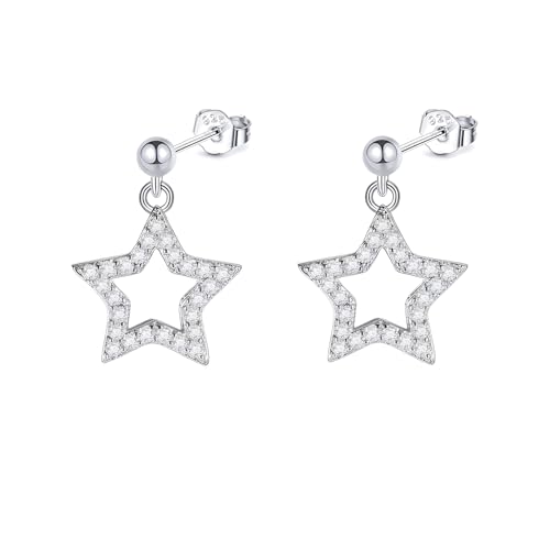 Hinvan 925 Sterling Silber Ohrringe Stern Ohrstecker Silber Ohrringe Hängend Ohrhänger Klein Stern mit Zirkonia Ohrhänger Kleine Sternen Ohrstecker für Damen Mädchen Frauen Geschenk Box von Hinvan