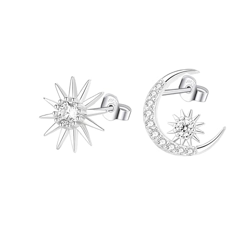 Hinvan Damen 925 Sterling Silber Ohrringe Sonne Mond Ohrringe Stern Ohrstecker Zirkonia Ohrschmuck Ohrstecker Silber Asymmetrisch für Damen Frauen Mädchen von Hinvan