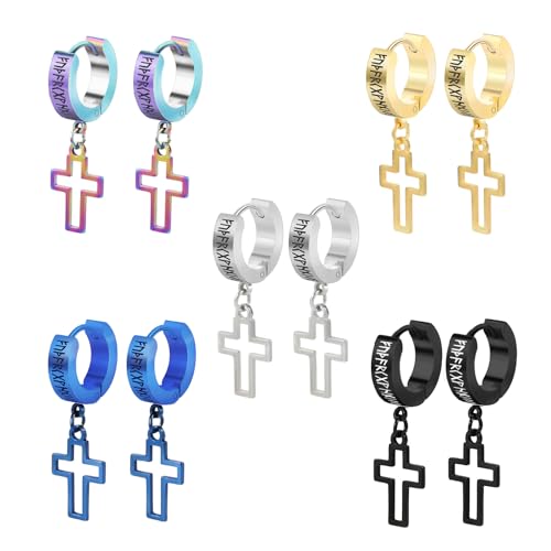Hinvan 5 Paar Edelstahl Wikinger Ohrringe Kreuz für Herren Damen, Kreuz Ohrringe Damen Silber, Creolen Gold Herren Hängend Schwarz von Hinvan