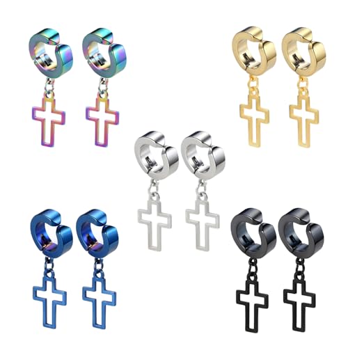 Hinvan 5 Paare Edelstahl Kreuz Ohrringe Clip für Herren Damen Männer, Clip Ohrringe Damen Ohne Ohrlöcher Ohrclips Herren von Hinvan
