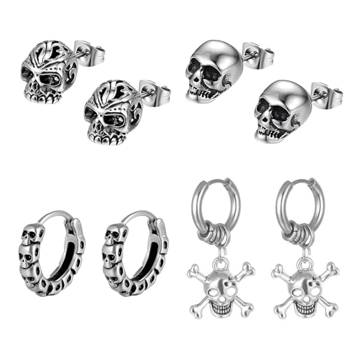 Hinvan Ohrringe Totenkopf Herren 4 Paar Set Edelstahl Hänger Silber Männer Frauen Ohrstecker Schädel Punk Gotik Hip Hop Halloween von Hinvan