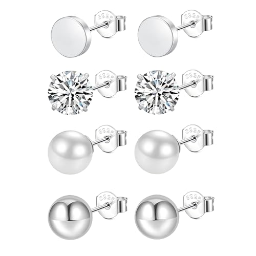 Hinvan Ohrstecker Silber 925 4 Paar Silber Ohrringe Damen Hypoallergen Zirkonia Silber 925 Stecker Ohrstecker Perlen Ohrringe Kugel Silber Piercings von Hinvan