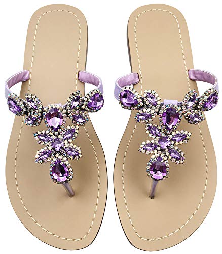 Hinyyrin Erhältlich in 13 Farben, Strass-Sandalen, flache Damen-Sandalen, Flip-Flop, Juwelen-Sandalen, Violett, 42 EU von Hinyyrin