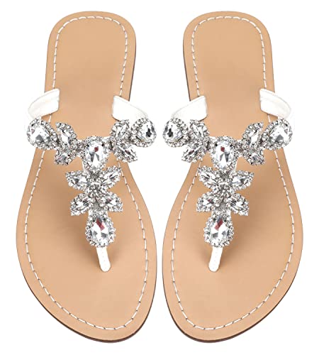 Hinyyrin Erhältlich in 13 Farben, Strass-Sandalen, flache Damen-Sandalen, Flip-Flop, Juwelen-Sandalen, Weißes Glas, 41.5 EU von Hinyyrin
