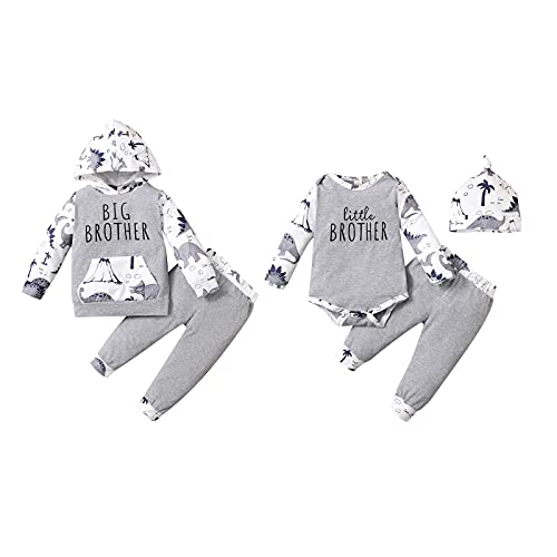 Hinzonek Kleinkind Baby Jungen Dinosaurier passendes Outfit Little Big Brother Langarm Strampler Hoodie Top Hose Cap Kleidung Set (12-18 Monate, Little Brother) von Hinzonek