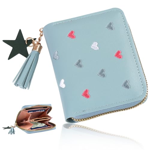 Hioip Kleines Portemonnaie Damen, PU Leder Geldbörse mit Reißverschluss/Mehreren Fächern, Klein und Im Kurzformat Geldbeutel mit RFID Blockierung, Portmonee für Mädchen und Jungs Damen (Blau) von Hioip