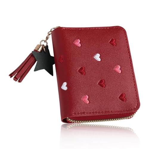 Hioip Kleines Portemonnaie Damen, PU Leder Geldbörse mit Reißverschluss/Mehreren Fächern, Klein und Im Kurzformat Geldbeutel mit RFID Blockierung, Portmonee für Mädchen und Jungs Damen (Rotwein) von Hioip