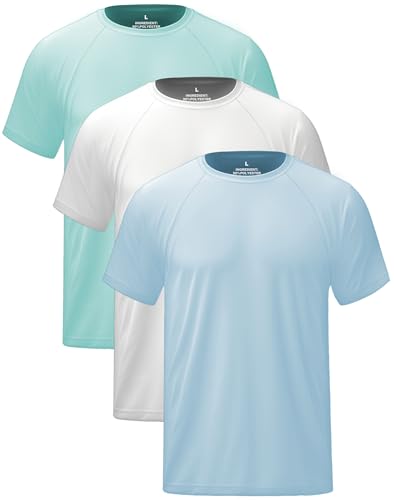 Hioutdoor UV Shirt Herren 3er Pack Schutz UPF 50+ Schnelltrocknend Kurzarm Rash Guard Sommer Strand für Outdoor Surfen Schwimmen Sport Tshirt Schutzkleidung Männer Hellblau/Weiß/Wasserklar Blau 4XL von Hioutdoor