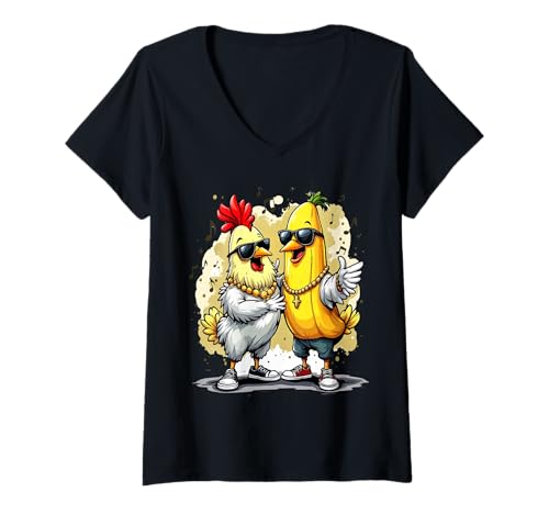 Damen Lustiges Huhn und Banane im Rap-Stil Streetwear Cool Vibes C T-Shirt mit V-Ausschnitt Damen Lustiges Huhn und Banane im Rap-Stil Streetwear Cool Vibes C T-Shirt mit V-Ausschnitt von Hip Hop Chicken Music Urban Swag Banana Grafik