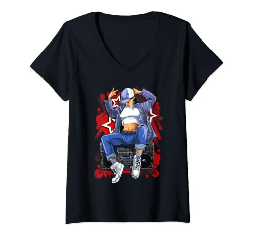 Damen Ästhetische Boombox Mädchen Old School Hip Hop T-Shirt mit V-Ausschnitt Damen Ästhetische Boombox Mädchen Old School Hip Hop T-Shirt mit V-Ausschnitt von Hip Hop Lovers Gifts