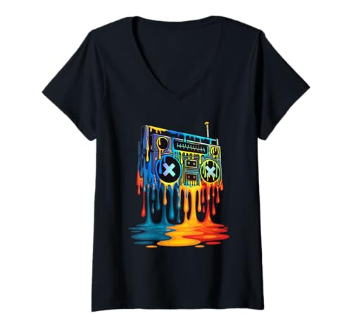 Damen Dripping Paint Boombox - 80er 90er Jahre Old School Hip Hop T-Shirt mit V-Ausschnitt von Hip Hop Merch