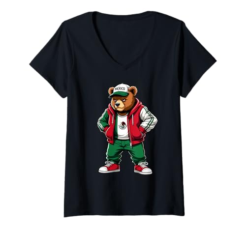 Damen Stolzer Mexiko-Teddybär, mexikanische T-Shirt mit V-Ausschnitt Damen Stolzer Mexiko-Teddybär, mexikanische T-Shirt mit V-Ausschnitt von Hip Hop Teddy Bear Mexico