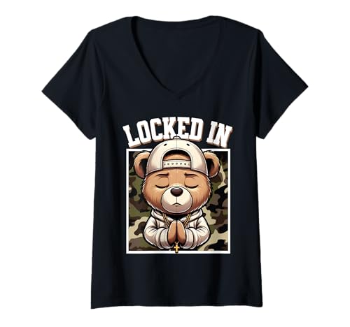 Damen Betender Hip Hop Teddybär Locked In Christian Streetwear T-Shirt mit V-Ausschnitt Damen Betender Hip Hop Teddybär Locked In Christian Streetwear T-Shirt mit V-Ausschnitt von Hip Hop Teddy Bear Prayer Hustle Grindset Designs