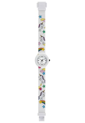 HIP HOP Kids Einhörner Mädchenuhr, Reine Zeituhr für Mädchen in Weiß mit Bunten Einhörnern und Regenbögen und Weichem Silikonarmband, Wasserfest, HWU0811 von HIP HOP