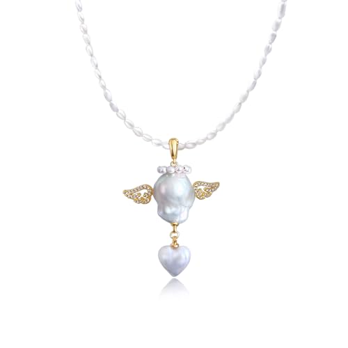 Hi Pearl Engel und Dämonen 3-14mm Süßwasserperlen Ohrhänger Anhänger Halskette Fischperlenkette Frauen Mutter Tochter 18k vergoldet Verlängerung Geburtstagsgeschenk für Sie (Engel Halskette) von Hipearl