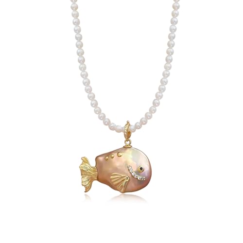 Hi Pearl Fisch 14-20mm Süßwasserperlen Anhänger Halskette Fischperlenkette Frauen Mutter Tochter 18k vergoldet Verlängerung Geburtstagsgeschenk für Sie (Fisch) von Hipearl