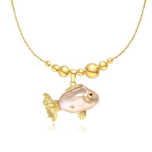 Hi Pearl Fisch 14-20mm Süßwasserperlen Anhänger Halskette Fischperlenkette Frauen Mutter Tochter 18k vergoldet Verlängerung Geburtstagsgeschenk für Sie (Pfirsich) von Hipearl
