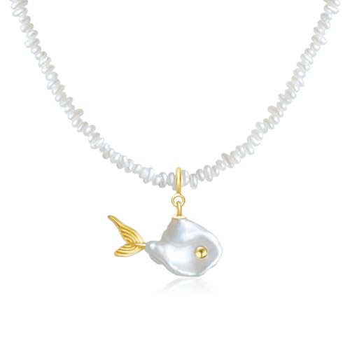 Hi Pearl Fisch 14-20mm Süßwasserperlen Anhänger Halskette Fischperlenkette Frauen Mutter Tochter 18k vergoldet Verlängerung Geburtstagsgeschenk für Sie (Weiß-2) von Hipearl