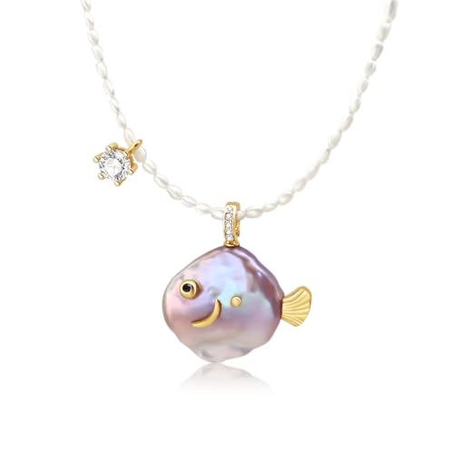 Hi Pearl Fisch 14-20mm Süßwasserperlen Anhänger Halskette Handgemachtes Geschenk Glücksbringer Kette für Mädchen Kinder von Hipearl