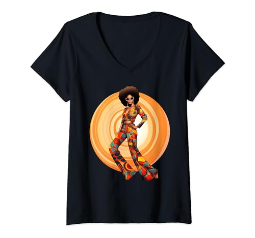 Damen Vintage 70er Jahre Groovy Soul Music Black Queen Afro Melanin T-Shirt mit V-Ausschnitt Damen Vintage 70er Jahre Groovy Soul Music Black Queen Afro Melanin T-Shirt mit V-Ausschnitt von Hippie Afro Soul Disco African American Designs