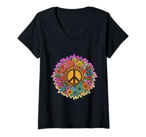 Damen Floral Peace Zeichen Feier Nature's Blossom Harmony T-Shirt mit V-Ausschnitt Damen Floral Peace Zeichen Feier Nature's Blossom Harmony T-Shirt mit V-Ausschnitt von Hippie Floral Wreath Vintage Bloom Symbol
